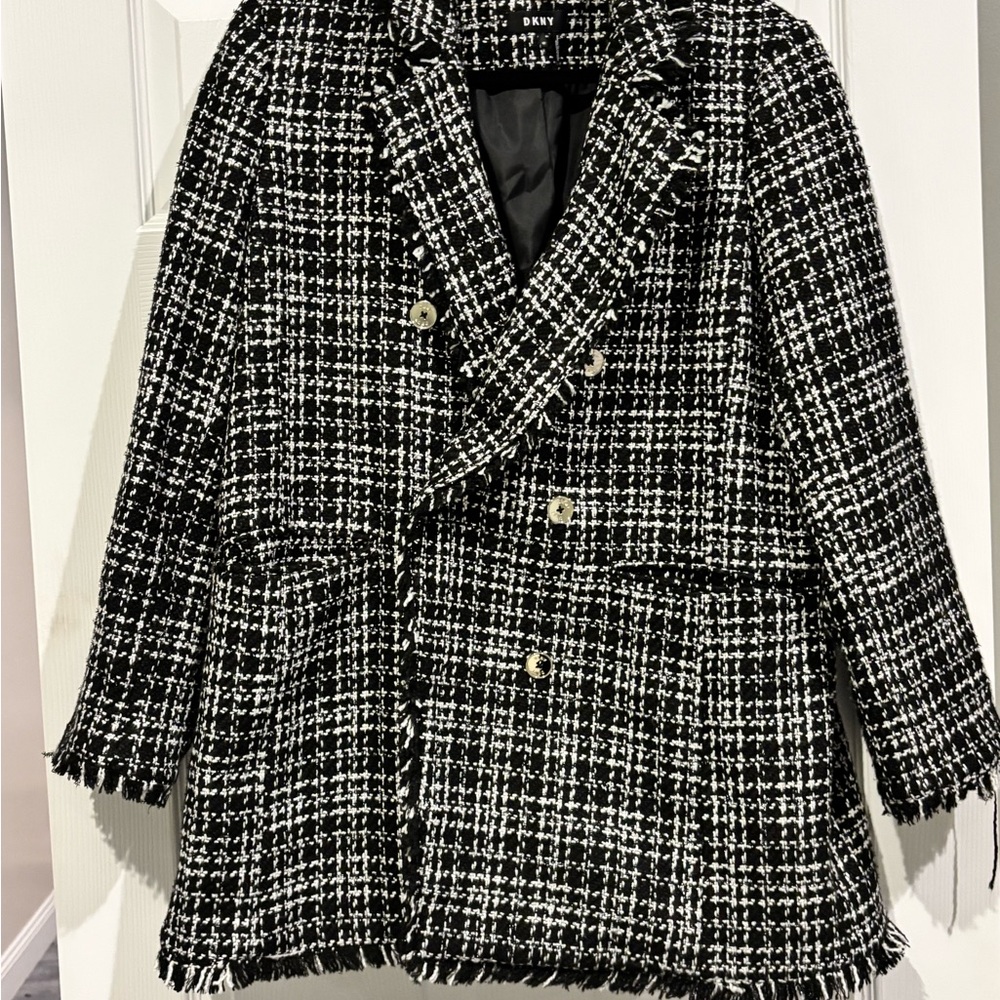 DKNY Black and White Tweed Coat